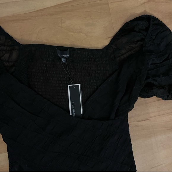 NWT Lucy Paris Black Textured Faux-Wrap Top Size XL Puff Sleeves - Picture 4 of 6